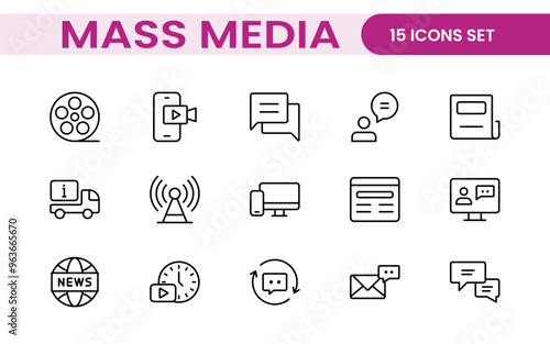 Mass media outline vector icons large set isolated on white background. media business concept. Media outline icons set.