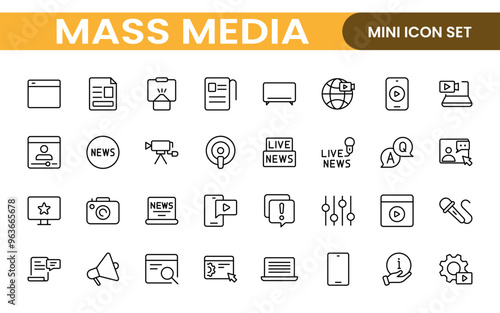 Mass media outline vector icons large set isolated on white background. media business concept. Media outline icons set.