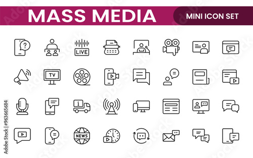 Mass media outline vector icons large set isolated on white background. media business concept. Media outline icons set.