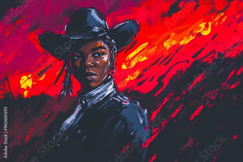 background image of a cowboy woman, western illustration style, western.  