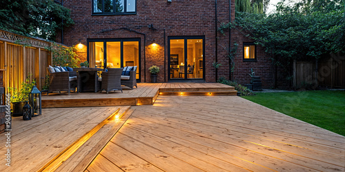 Modern wooden backyard garden terrace with furniture and lighting at dusk photo