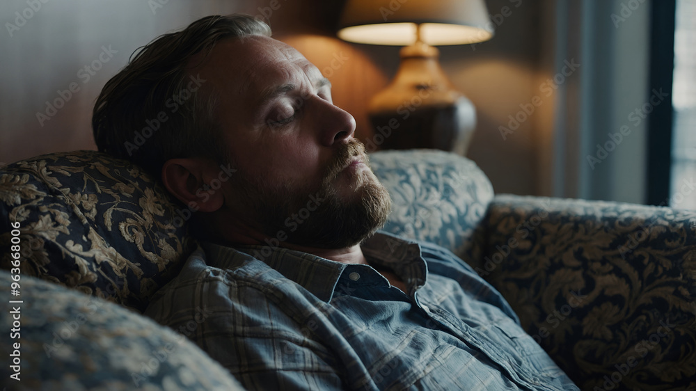 Obraz premium tired man resting on couch with closed eyes