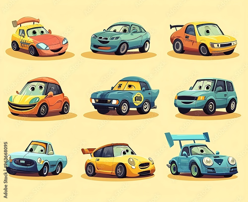 A collection of cartoon cars, capturing joy and vibrancy for creative design use. A collection of cartoon cars, capturing joy and vibrancy for creative design use.