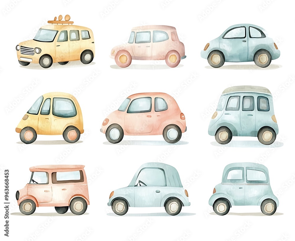 Playful watercolor car illustrations in pastels, designed to add charm to baby clothing. Playful watercolor car illustrations in pastels, designed to add charm to baby clothing.