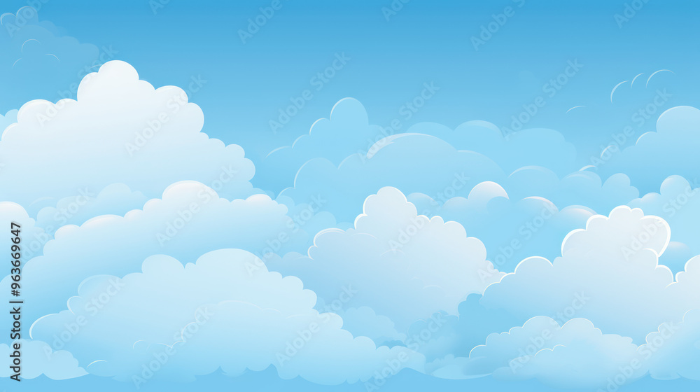 Clear blue sky filled with various white fluffy clouds. A bright, sunny day, serene and peaceful scene. Cartoon Cloud Background. Clear blue sky filled with various white fluffy clouds. A bright, sunny day, serene and peaceful scene. Cartoon Cloud Background.