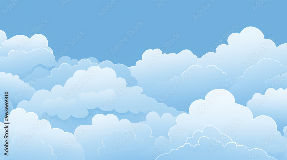 Clear blue sky filled with various white fluffy clouds. A bright, sunny day, serene and peaceful scene. Cartoon Cloud Background. Clear blue sky filled with various white fluffy clouds. A bright, sunny day, serene and peaceful scene. Cartoon Cloud Background.