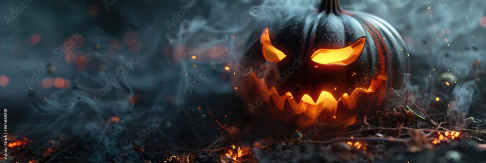 Spooky Jack o' Lantern with Illuminated Orange Eyes and Mouth Ideal for Halloween Celebrations Spooky Jack o' Lantern with Illuminated Orange Eyes and Mouth Ideal for Halloween Celebrations