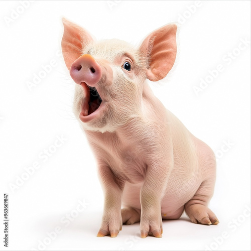 Piglet with wide open mouth on isolated white background. Big discounts, surprise, news, raffle concept. Generated AI