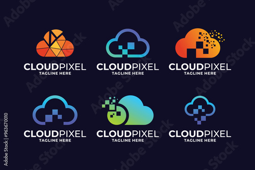 Set of pixel cloud database logo design