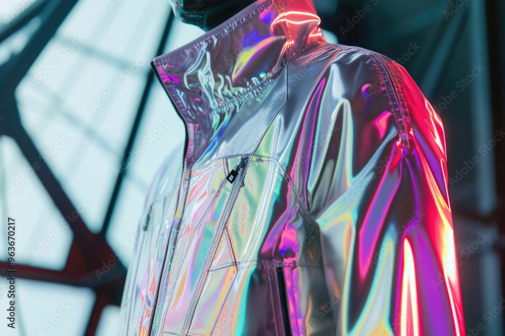 Fototapeta premium Futuristic iridescent jacket reflecting neon lights in urban setting. Mother-of-pearl texture.. AI
