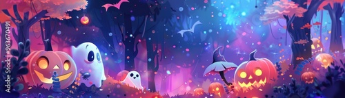 Enchanted halloween night in a spooky forest with ghosts and pumpkins. AI