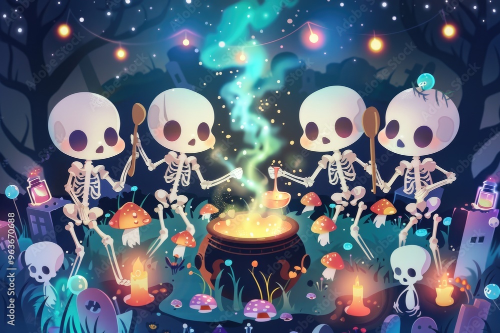 Naklejka premium Halloween spooky skeleton gathering in enchanted forest with glowing cauldron. AI