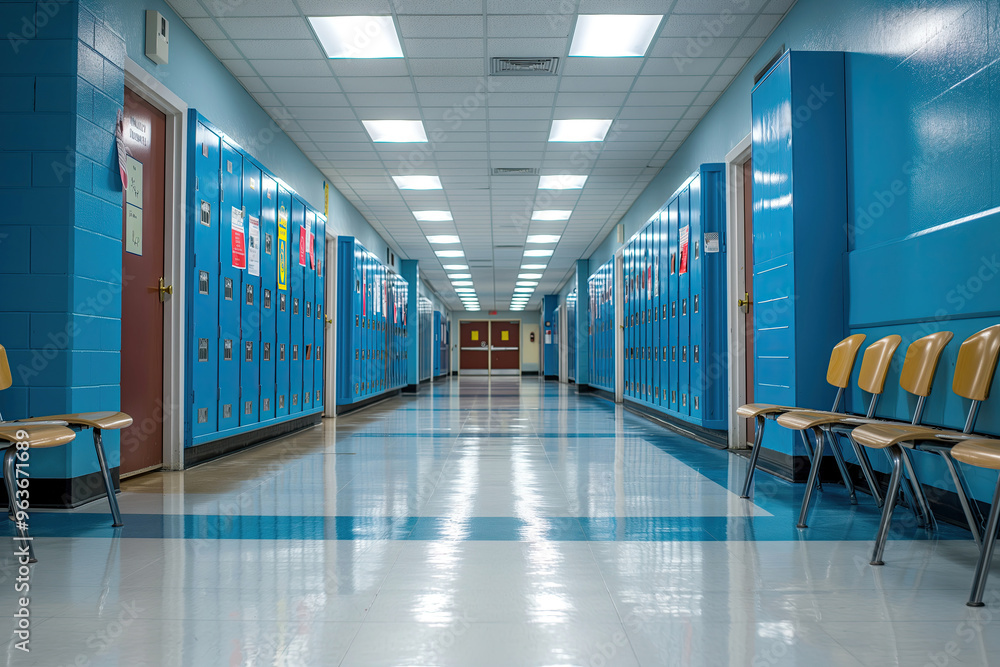 An empty school hallway with blue lockers, polished floors, and ceiling lights, creating a clean, institutional, and organized setting. An empty school hallway with blue lockers, polished floors, and ceiling lights, creating a clean, institutional, and organized setting.