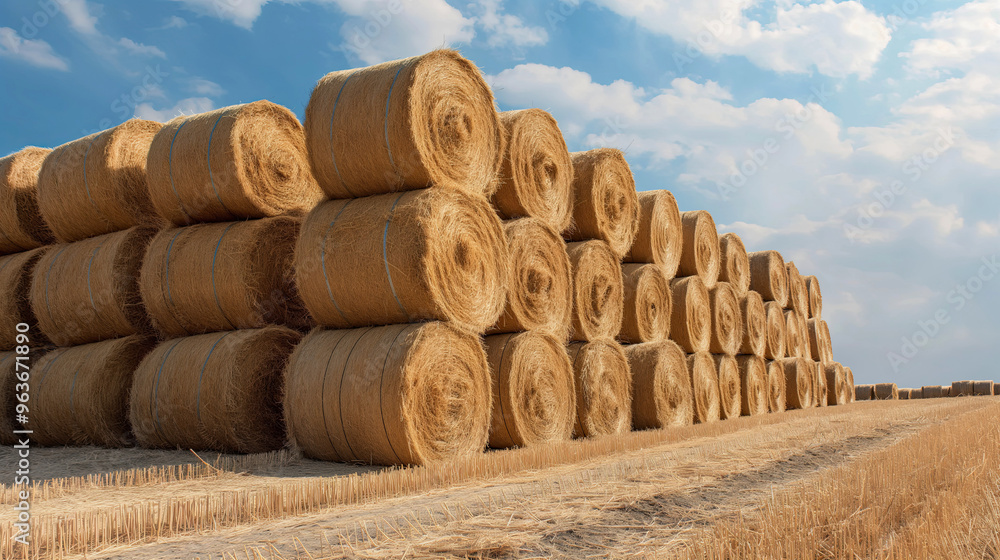 A stack of round hay bales in a harvested field with a cloudy sky in the background, emphasizing rural and agricultural life. A stack of round hay bales in a harvested field with a cloudy sky in the background, emphasizing rural and agricultural life.