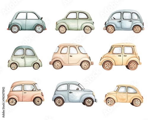 Adorable watercolor car illustrations in soft colors, ideal for whimsical baby clothing.