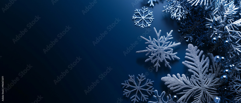 Winter abstract background with snowflakes on blue background, web banner, for greeting cards, banner template design, poster, texture background poster. AI generation. Winter abstract background with snowflakes on blue background, web banner, for greeting cards, banner template design, poster, texture background poster. AI generation.