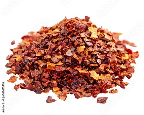 Close-up of chopped red chili pepper flakes forming a spicy dry paprika pile, featuring a clipping path.