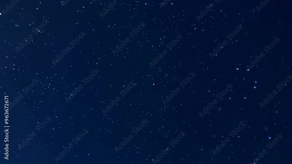Top view of a rotating starry night sky with glowing distant stars against a deep blue background. Top view of a rotating starry night sky with glowing distant stars against a deep blue background.