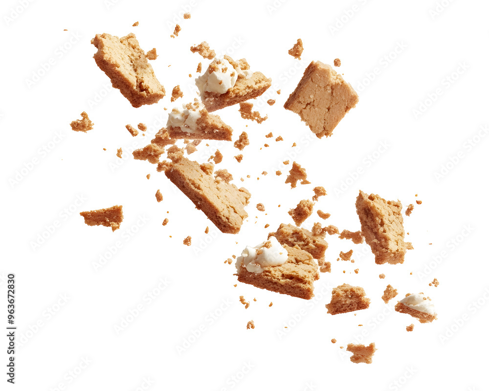 Flying cookie crumbs and cake pieces in mid-air, , Flying cookie crumbs and cake pieces in mid-air, ,