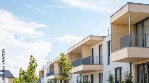 Architectural Elegance: Bright Wooden Houses in a Modern Urban Setting, Featuring Unique Residential Facades and Structural Design. photo