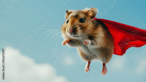 A hamster in red superhero cape soaring above cityscape at night in comic book style. photo