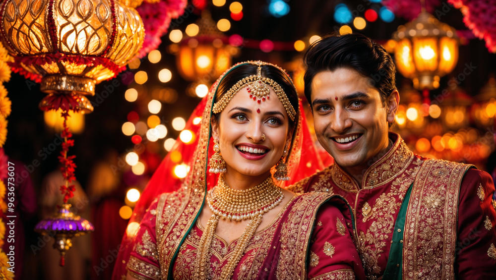 Una felice coppia indiana immersa nel caldo bagliore delle celebrazioni del Diwali, vestiti con i loro abiti tradizionali e adornati da luci calde e dorate Una felice coppia indiana immersa nel caldo bagliore delle celebrazioni del Diwali, vestiti con i loro abiti tradizionali e adornati da luci calde e dorate