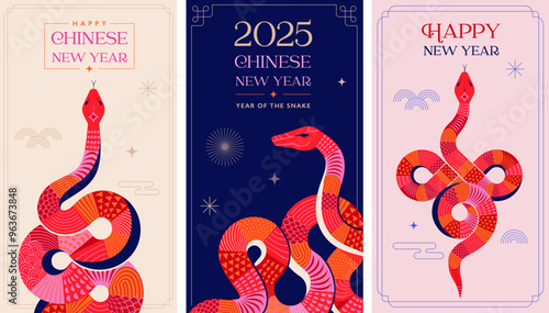 Chinese new year 2025 year of the Snake. Red Snake illustrations, vertical design, cards, banners. Red traditional Chinese vector designs with snakes. Lunar new year concept, geometric modern design