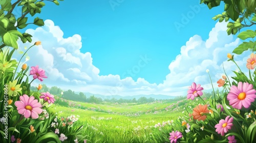 A colorful 2D illustration depicts a joyful spring landscape with lush grass, vibrant flowers, and a bright blue sky, all in a whimsical cartoon style that inspires creativity and happiness
