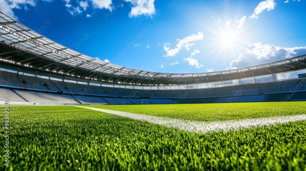 Fototapeta premium Vibrant Soccer Stadium under Blue Sky