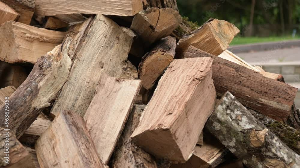 Chopped firewood in a large pile. The prepared power source is ready for combustion. Chopped firewood in a large pile. The prepared power source is ready for combustion.