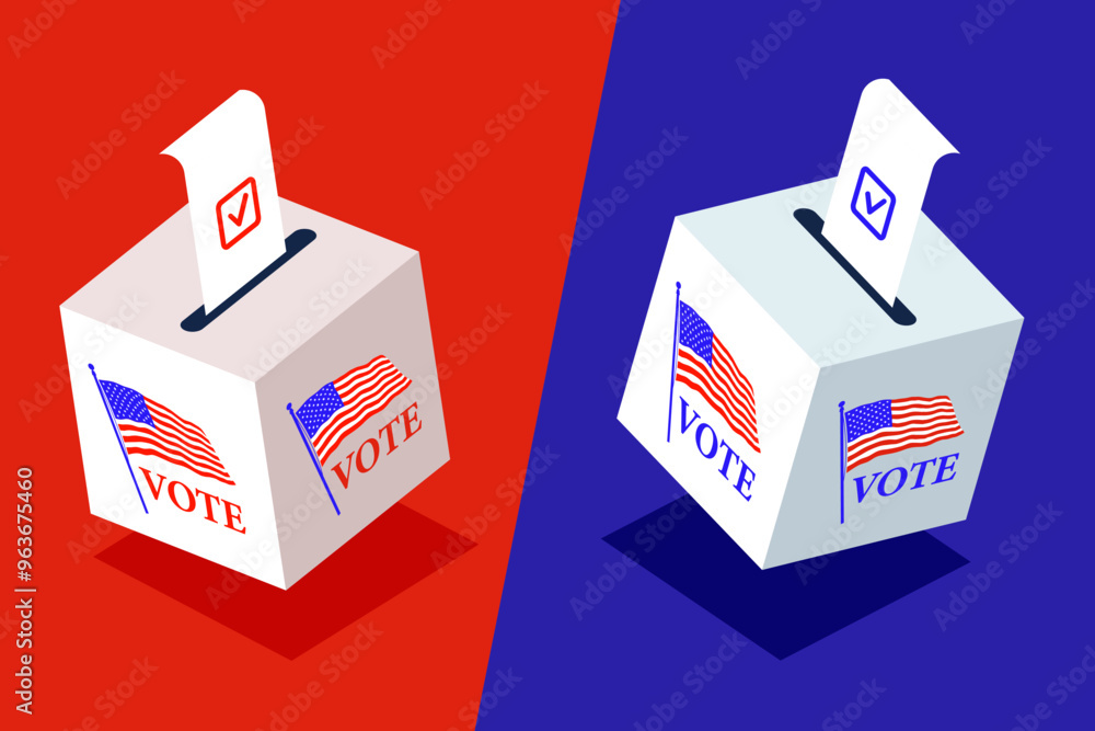 Counting of votes in the US presidential elections illustration. Isometric ballot boxes with completed bulletins Counting of votes in the US presidential elections illustration. Isometric ballot boxes with completed bulletins