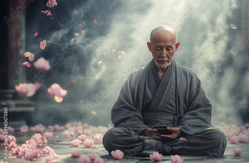 Elderly monk is meditating, with pink petals floating in the air and mist around him. He has his eyes closed, wearing gray Hanfu, sitting cross-legged on lotus flowers with an antique-style background photo