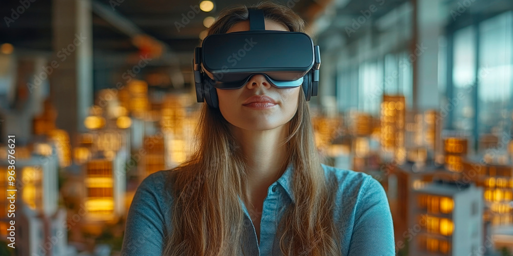 Businesswoman exploring virtual reality, using VR headset in a modern office setting, showcasing the blend of technology and corporate environments Businesswoman exploring virtual reality, using VR headset in a modern office setting, showcasing the blend of technology and corporate environments