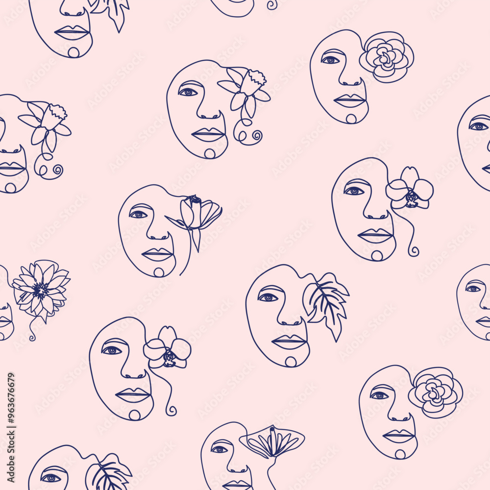 Outline woman face, abstract flowers leaves, line continuous drawing vector seamless pattern. Female portrait Outline woman face, abstract flowers leaves, line continuous drawing vector seamless pattern. Female portrait