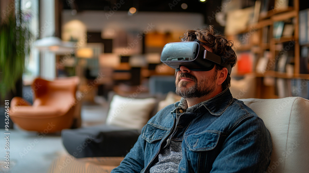 Middle-aged man explores virtual environments using a VR headset in a modern office setting, ideal for technology and innovation themes Middle-aged man explores virtual environments using a VR headset in a modern office setting, ideal for technology and innovation themes