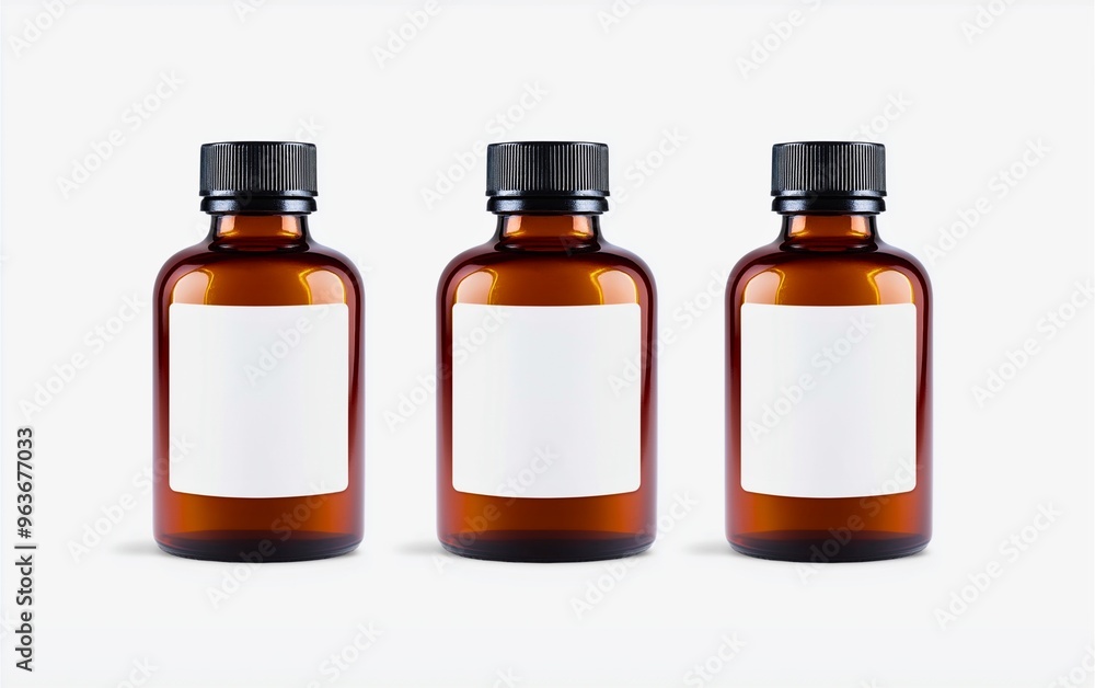 Front view of a blank amber plastic bottle with a white label mockup. Front view of a blank amber plastic bottle with a white label mockup.