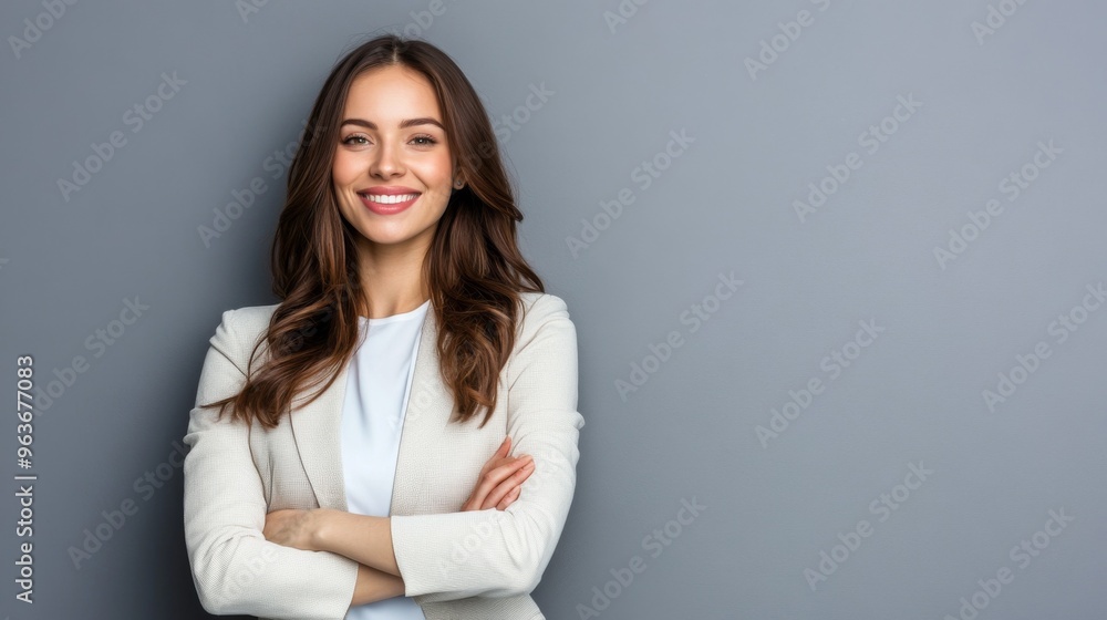 Confident Businesswoman Smiling Against Gray Background Confident Businesswoman Smiling Against Gray Background