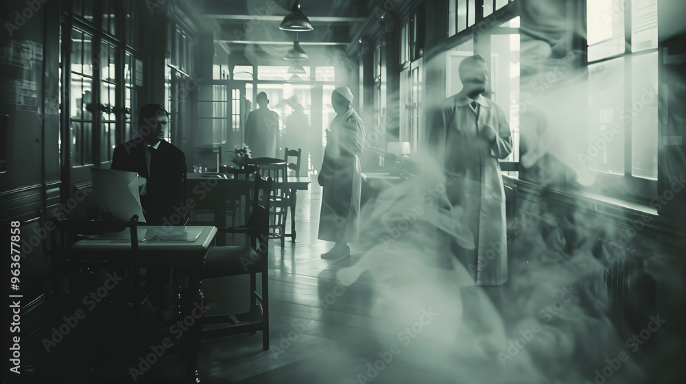Spooky hospital filled with transparent medical staff moving eerie through the corridors at night. Spooky hospital filled with transparent medical staff moving eerie through the corridors at night.