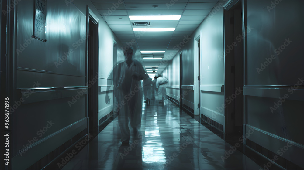 Creepy hospital with shadowy figures of doctors and nurses lingering in the halls at night. Creepy hospital with shadowy figures of doctors and nurses lingering in the halls at night.