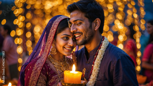 Una felice coppia indiana immersa nel caldo bagliore delle celebrazioni del Diwali, vestiti con i loro abiti tradizionali e adornati da luci calde e dorate photo