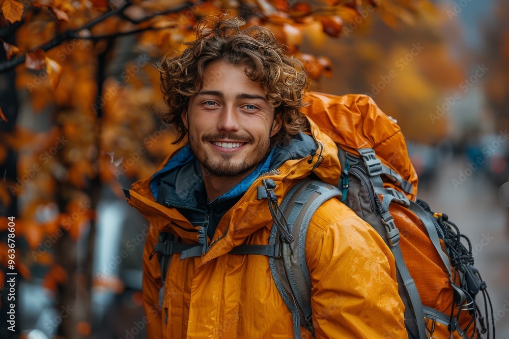 Smiling man in autumn season closes car trunk while carrying a backpack, ideal for travel themes Smiling man in autumn season closes car trunk while carrying a backpack, ideal for travel themes