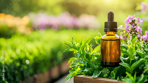 A beautiful amber bottle of essential oil surrounded by vibrant green plants and colorful flowers in a sunlit garden setting.