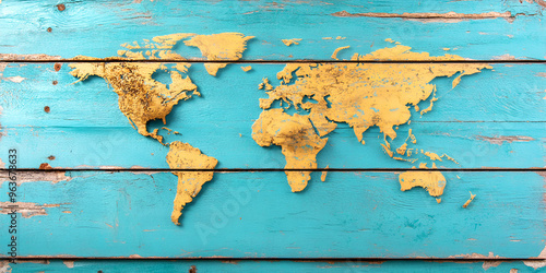 A beautiful wooden wall art featuring a gold map of the world on a vibrant blue background, perfect for decoration.