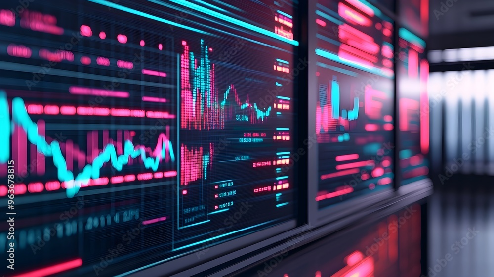 Fototapeta premium Neon Stock Market Data Screens