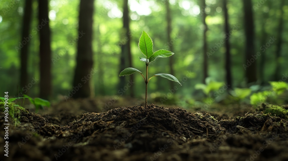 A new sapling growing in a forest in the concept of renewal. Sapling growing symbolizing new life. A new sapling growing in a forest in the concept of renewal. Sapling growing symbolizing new life.