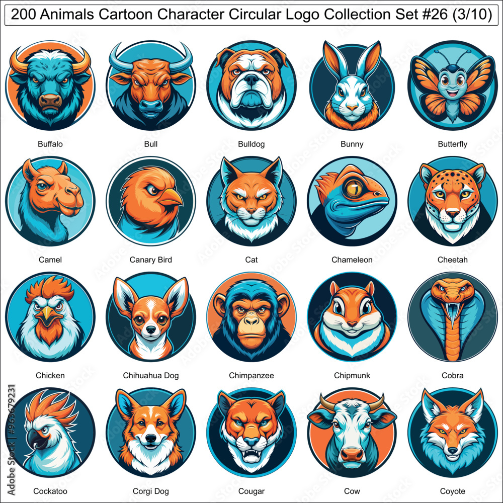 Animals Cartoon Character Circular Logo Collection Set of 200 Isolated Animals Part 3 Animals Cartoon Character Circular Logo Collection Set of 200 Isolated Animals Part 3