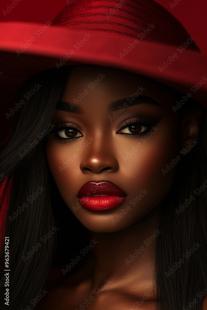 Portrait of a beautiful black model with long hair, brown eyes and wearing a wide-brimmed hat. Beautiful woman with red lips in a photographic pose. Portrait of a beautiful black model with long hair, brown eyes and wearing a wide-brimmed hat. Beautiful woman with red lips in a photographic pose.