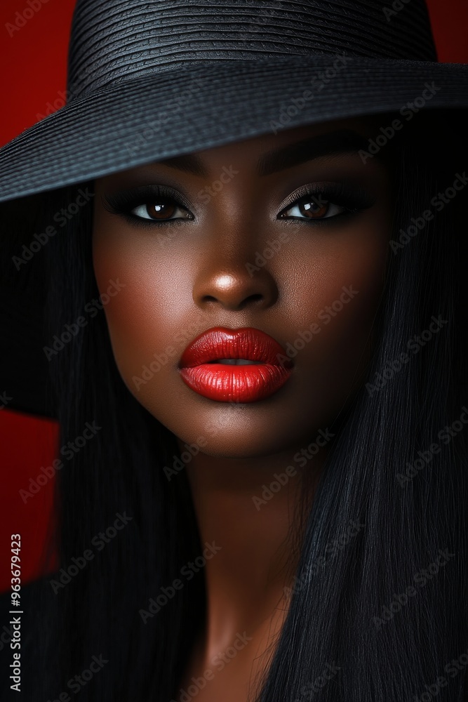 Portrait of a beautiful black model with long hair, brown eyes and wearing a wide-brimmed hat. Beautiful woman with red lips in a photographic pose. Portrait of a beautiful black model with long hair, brown eyes and wearing a wide-brimmed hat. Beautiful woman with red lips in a photographic pose.