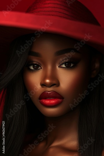 Portrait of a beautiful black model with long hair, brown eyes and wearing a wide-brimmed hat. Beautiful woman with red lips in a photographic pose.