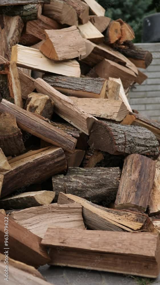 Chopped firewood in a large pile. The prepared power source is ready for combustion. Chopped firewood in a large pile. The prepared power source is ready for combustion.